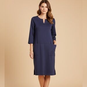 Lands' End Women's navy blue ponte knit 3/4 sleeve split neck shift dress